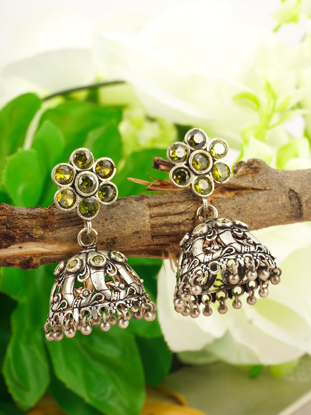 

Urmika Yellow & Silver-Toned Classic Jhumkas Earrings