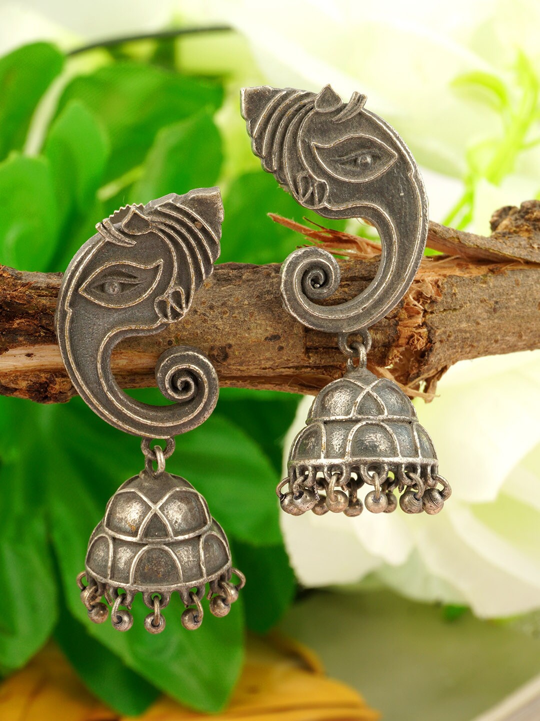 

Urmika Silver-Toned Dome Shaped Jhumkas Earrings