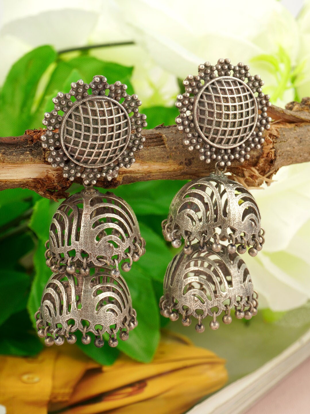 

Urmika Silver-Toned Oxidised Classic Double Jhumkas Earrings