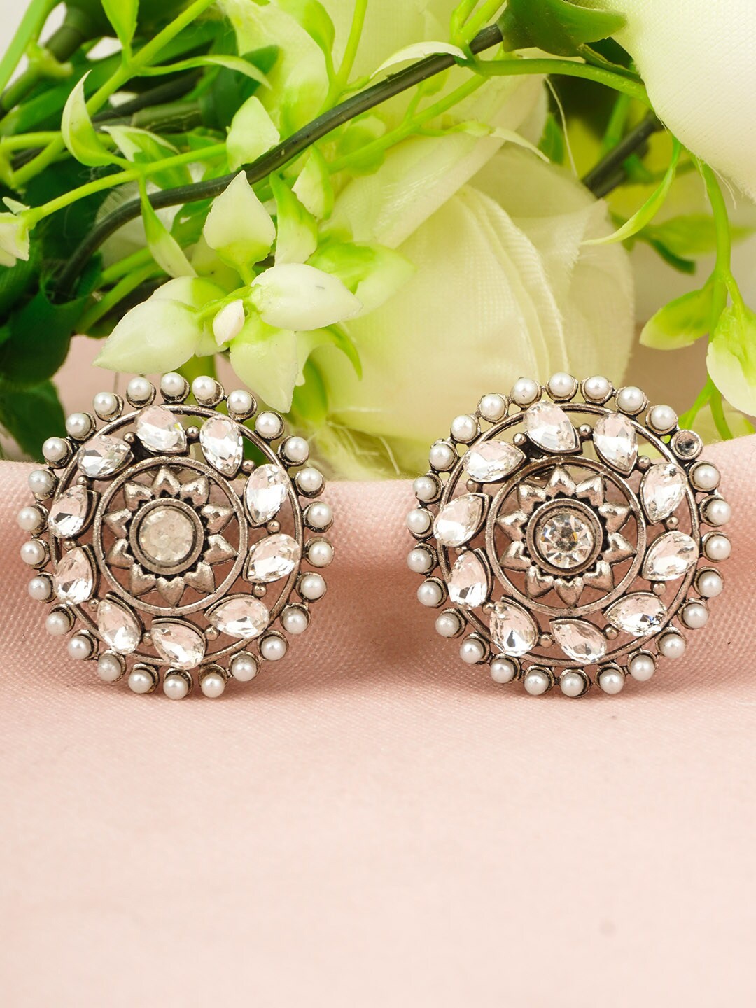 

Urmika Women Silver-Toned & White Classic Crystal Pearl Studs