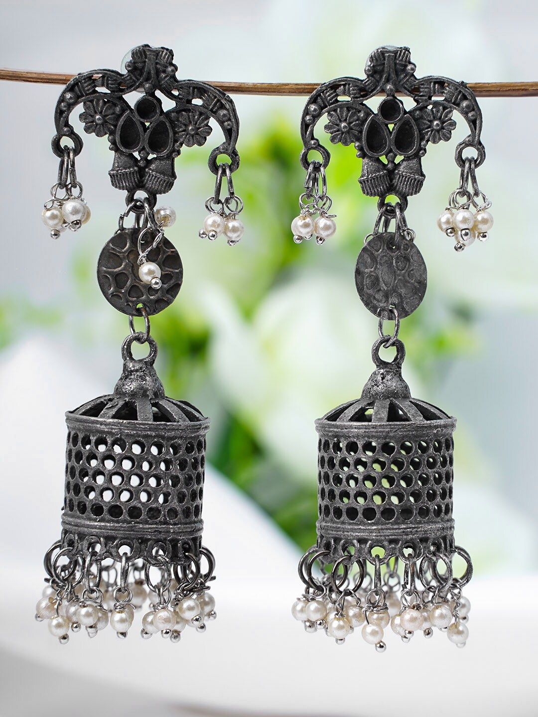 

Urmika Silver-Toned Classic Oxidised Jhumkas Earrings