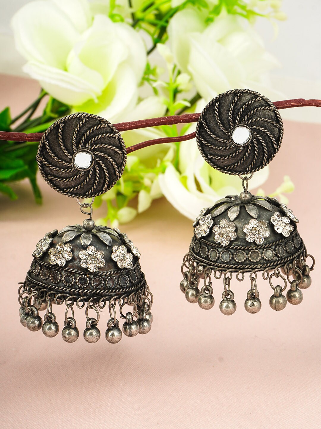

Urmika Silver-Toned Classic Oxidized Jhumkas Earrings