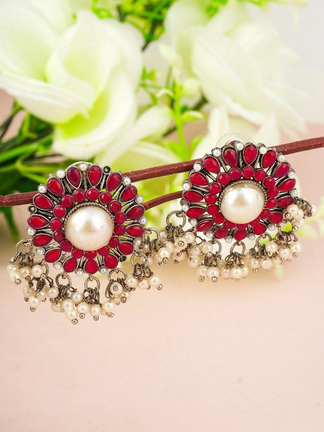 

Urmika Women Silver-Toned & Red Classic Drop Earrings