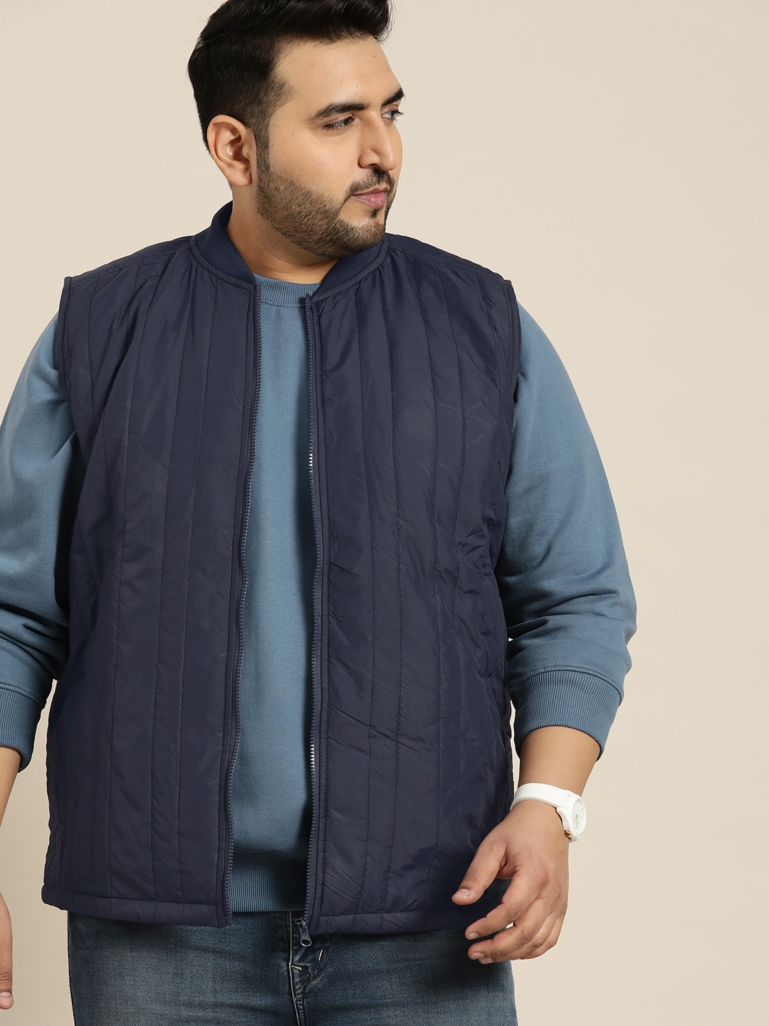 

Sztori Men Plus Size Navy Blue Solid Gilet Padded Jacket