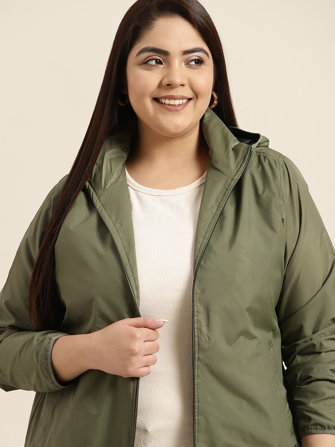 

Sztori Women Plus Size Olive Green Windcheater Tailored Jacket With Hood