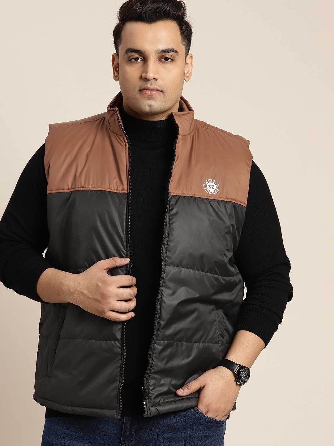 

Sztori Men Plus Size Cotton Colourblocked Padded Jacket, Black