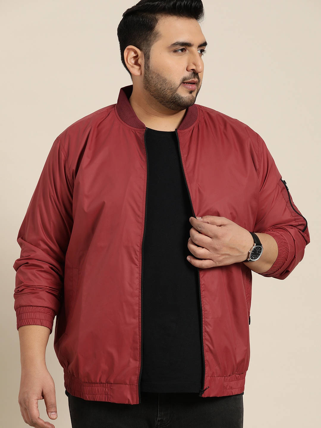 

Sztori Men Plus Size Red Solid Bomber Jacket With Zip Detail