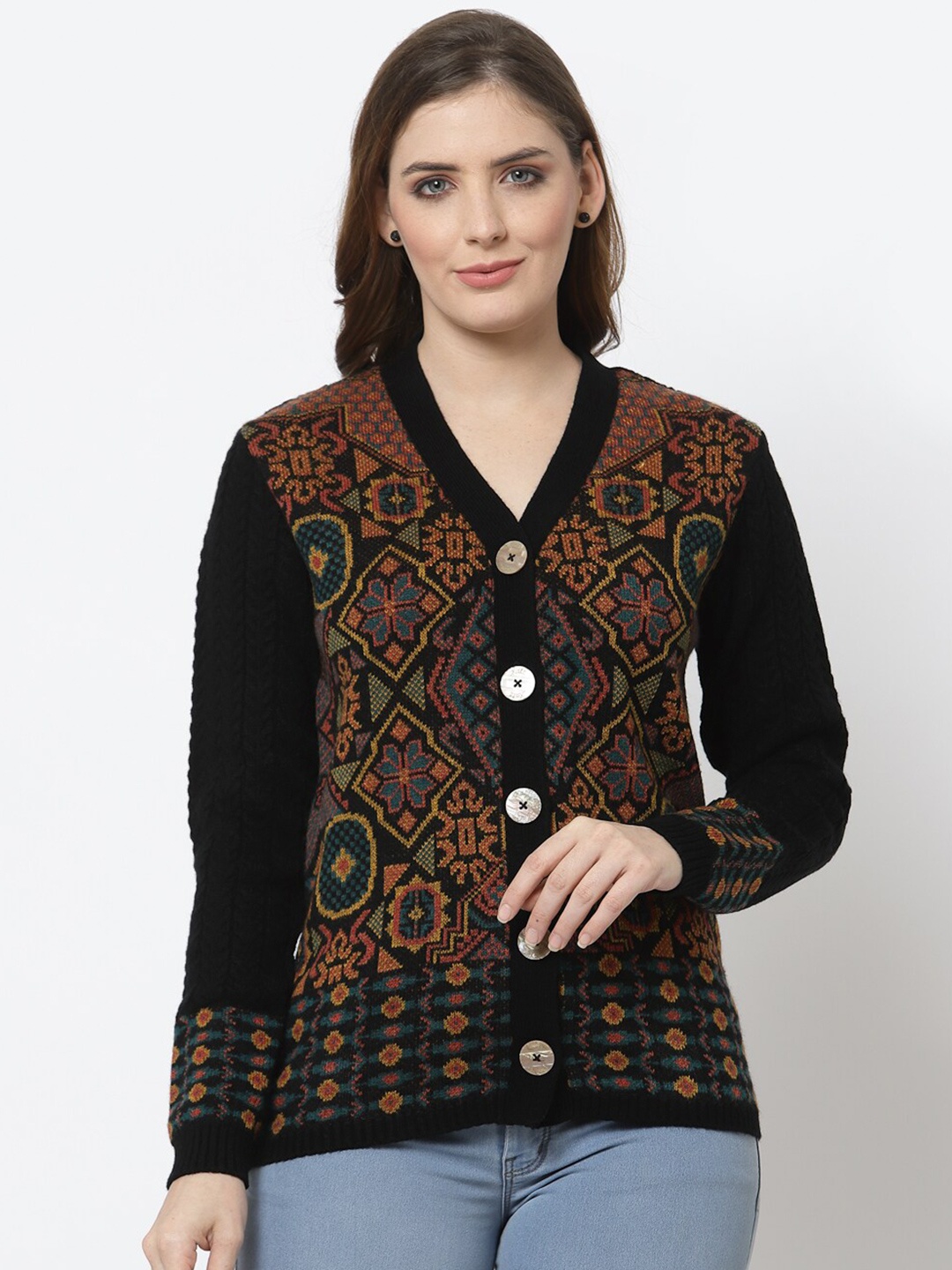 

Kalt Women Multicolored V Neck Self Design Acrylic Sweater, Multi