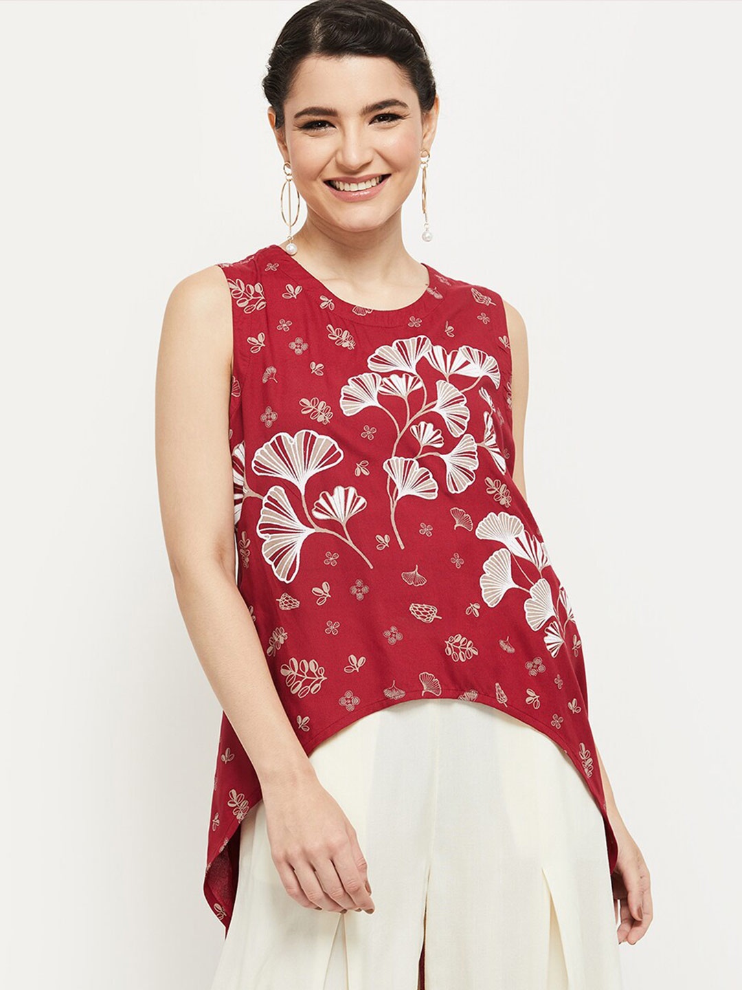

max Women Red Floral Print High-Low Top