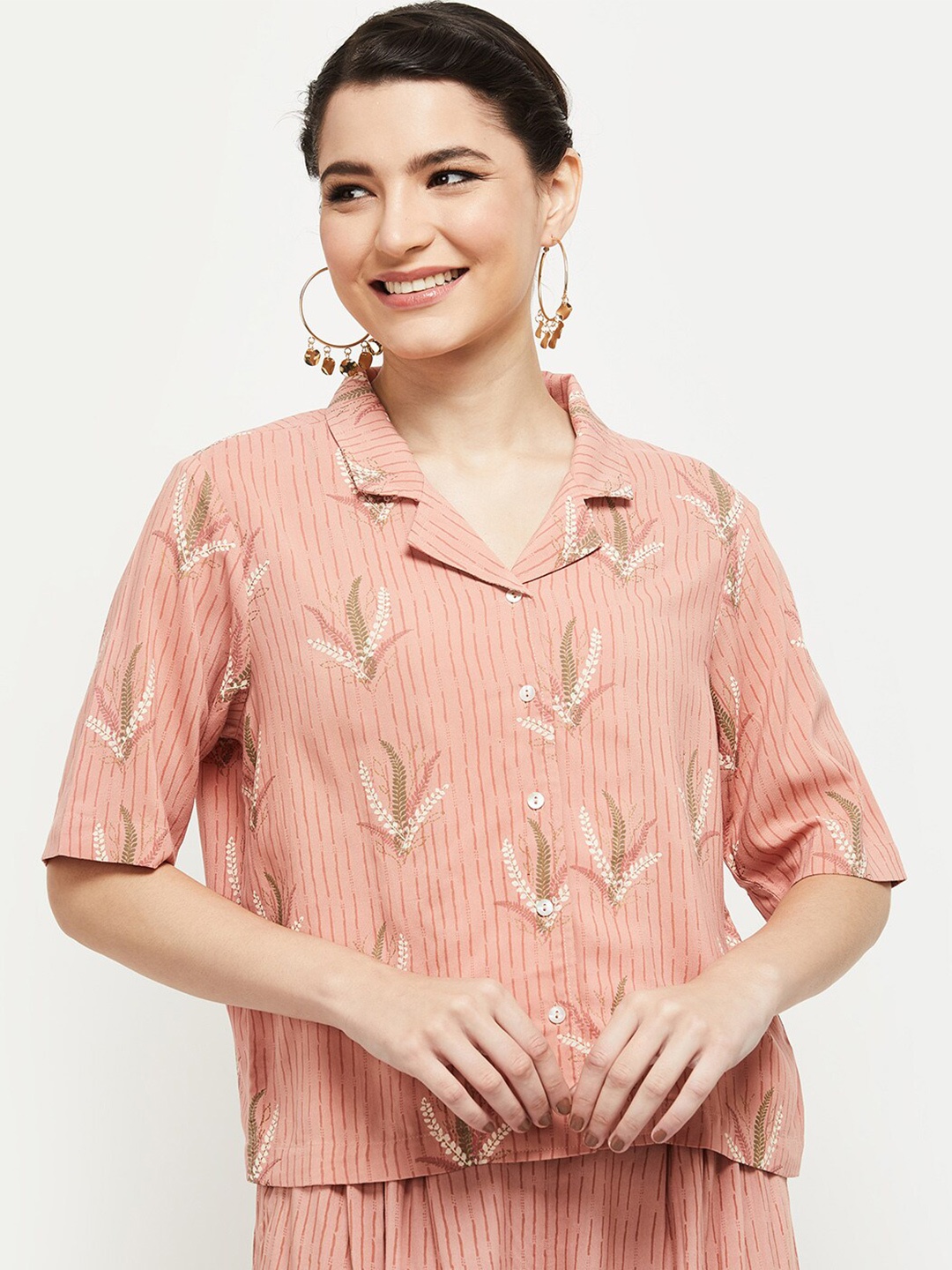 

max Women Peach-Coloured Printed Shirt Style Top