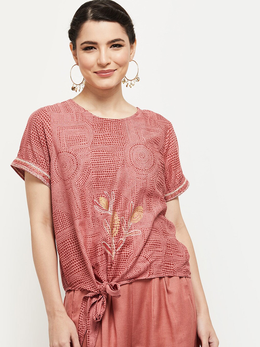 

max Women Brown Viscose Rayon Print Round Neck Top