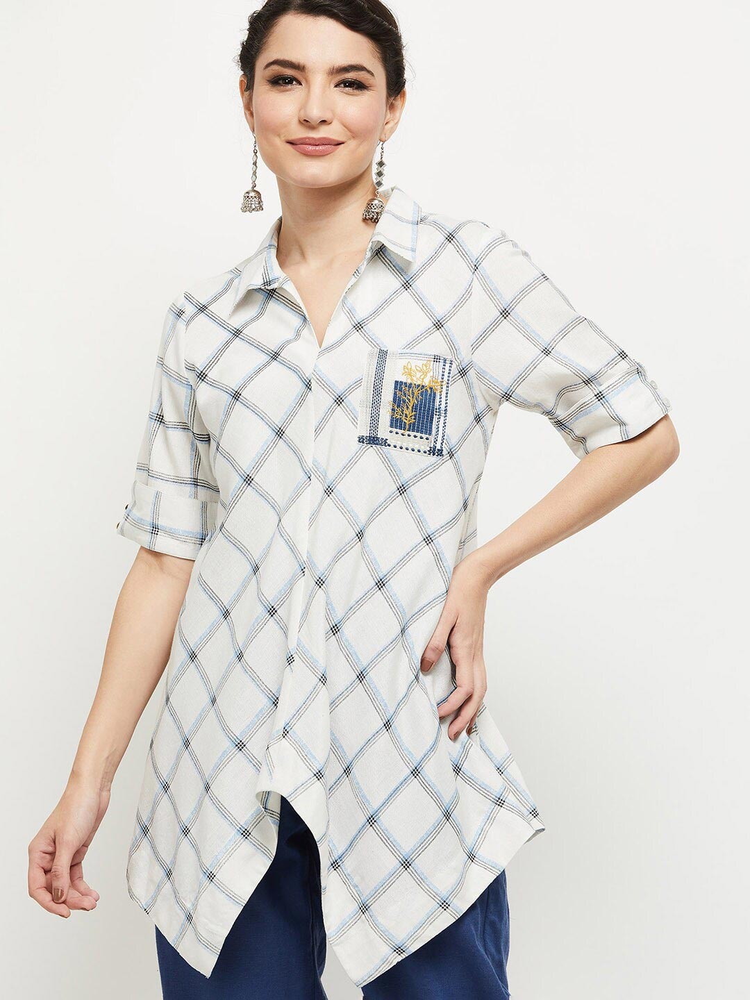 

max Women White & Blue Checked Roll-Up Sleeves Shirt Style Longline Top