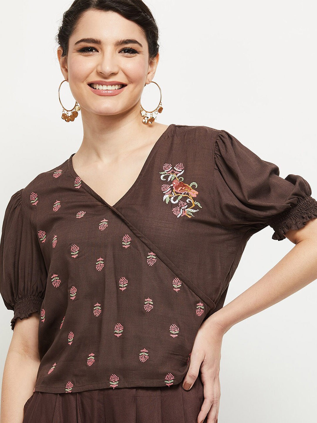 

Max Women Brown Floral Print Wrap Top