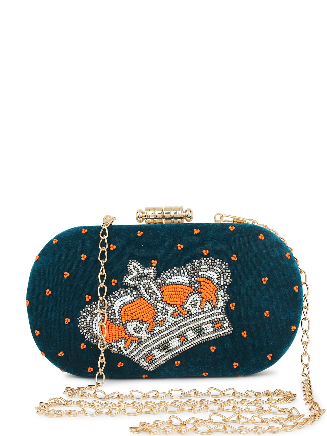 

Spice Art Women Green & Orange Embroidered Box Clutch