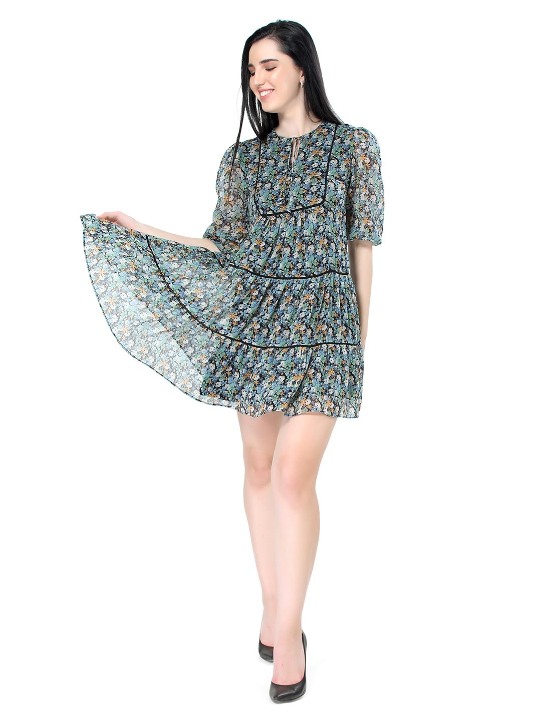 

ZINNIA Women Blue Floral Keyhole Neck Mini Dress