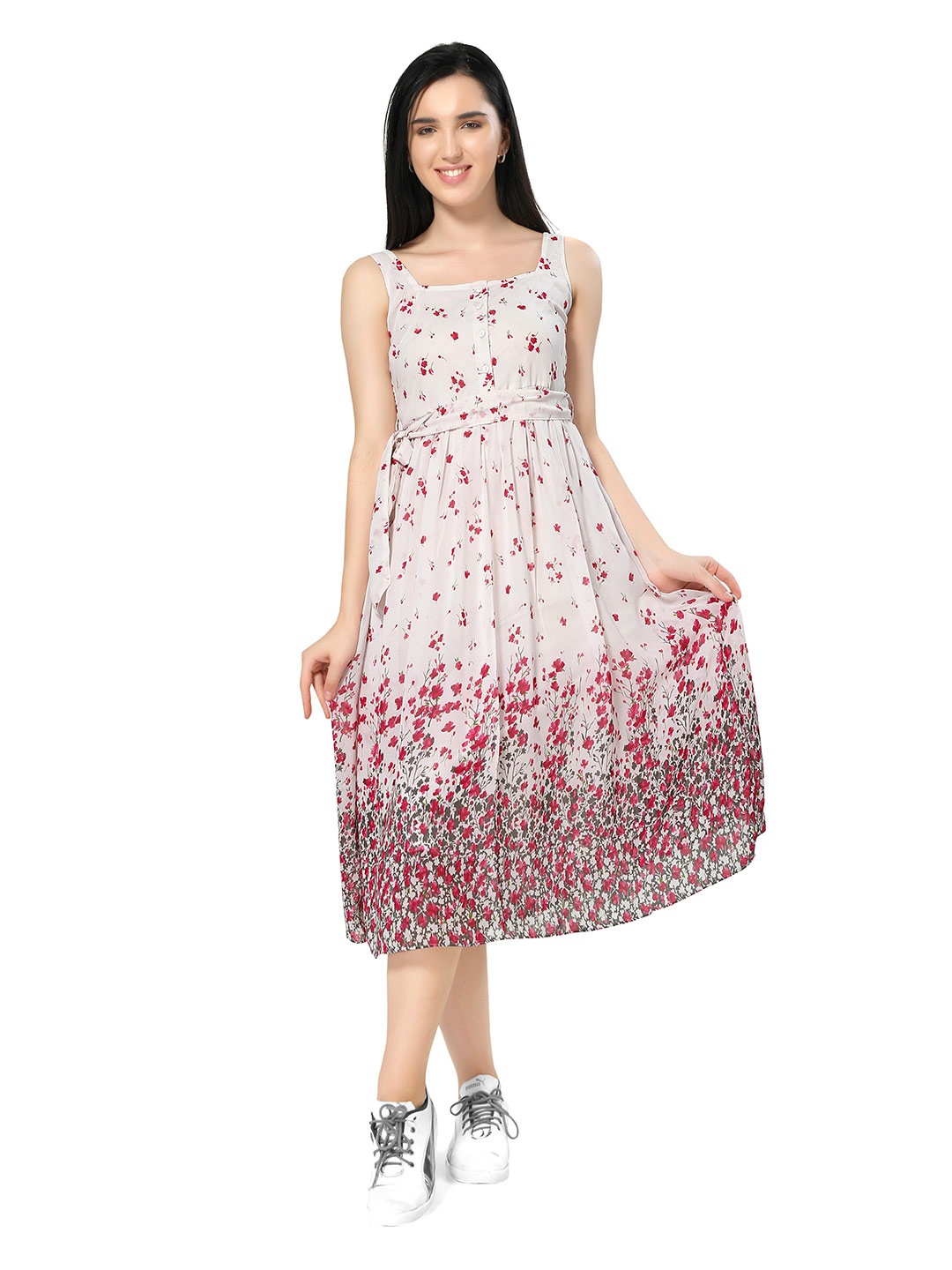 

ZINNIA White Gathers Floral Printed Midi Dress