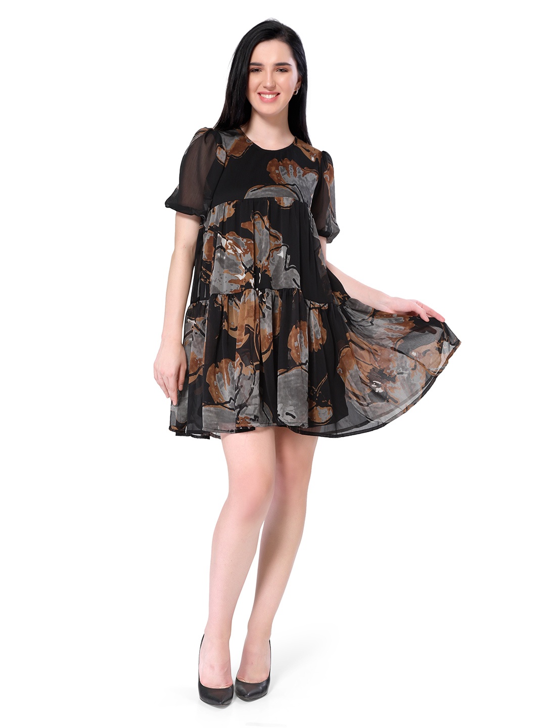 

ZINNIA Black Floral Chiffon Mini Dress