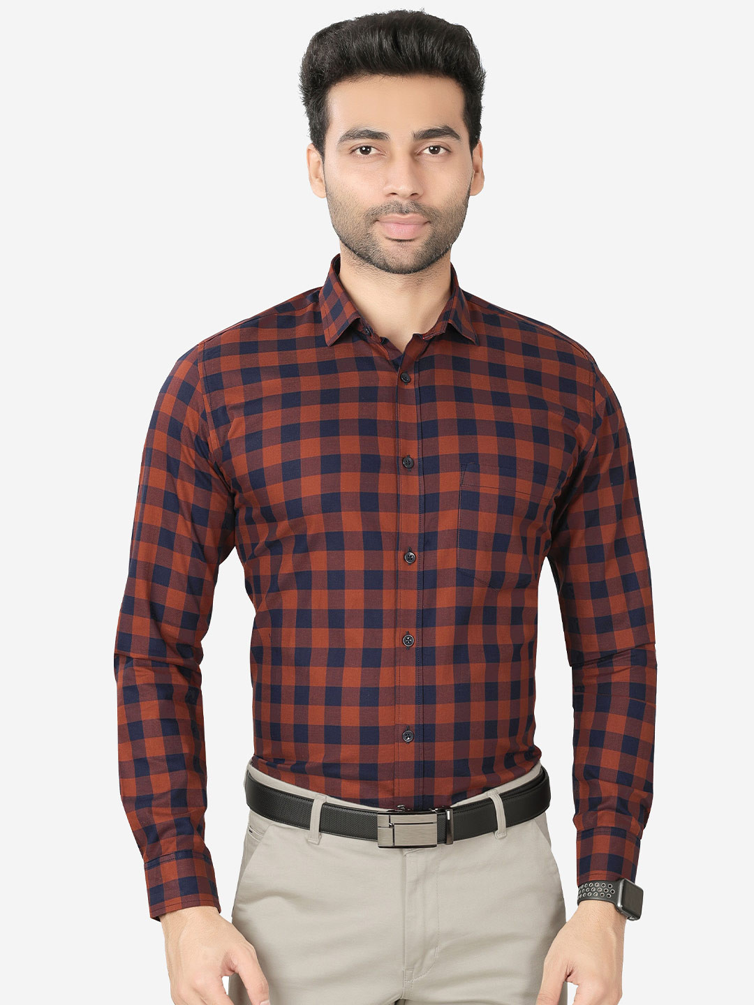 

5TH ANFOLD Men Orange Slim Fit Tartan Checked Formal Shirt