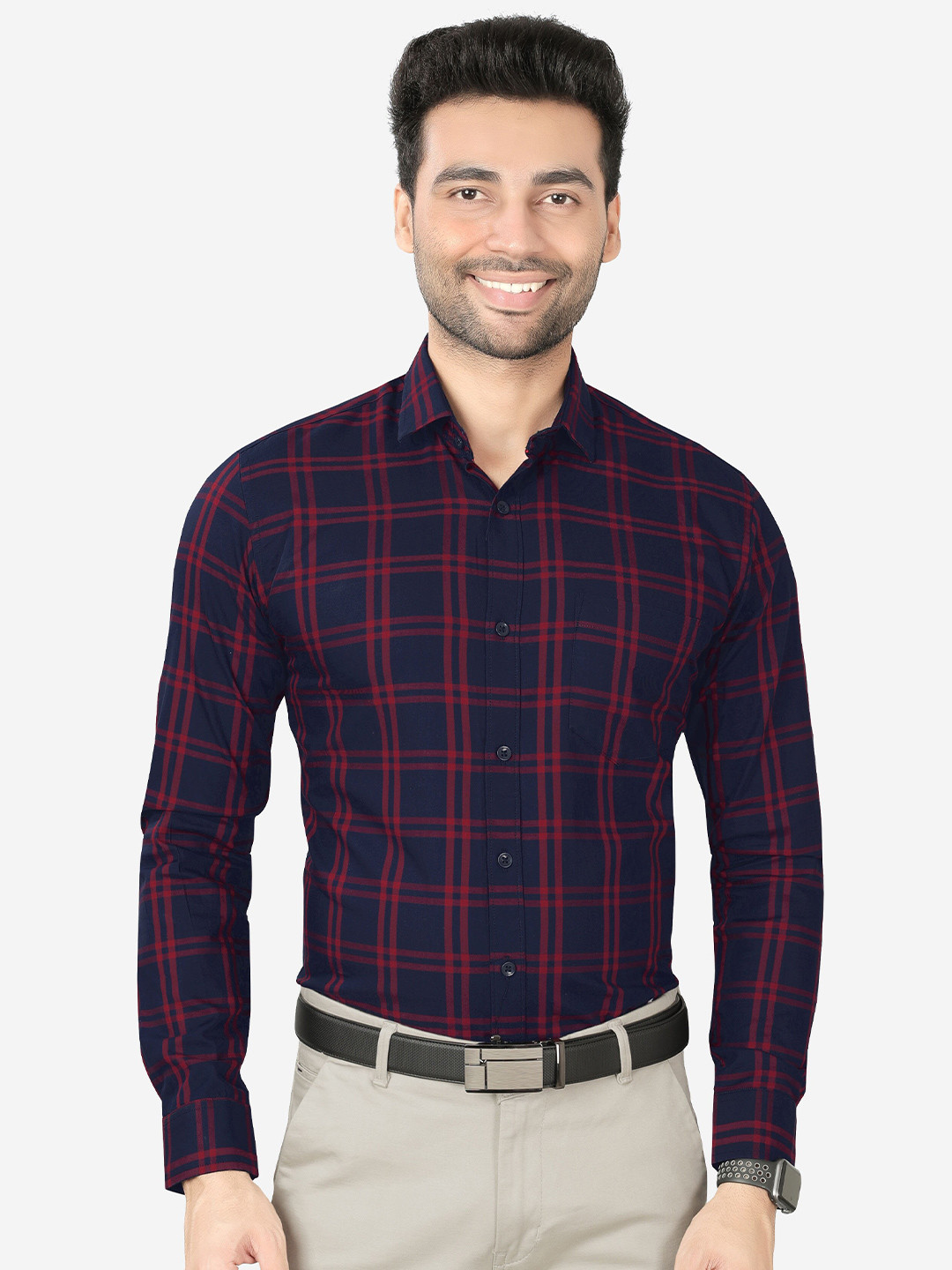 

5TH ANFOLD Men Navy Blue Slim Fit Checked Formal Shirt