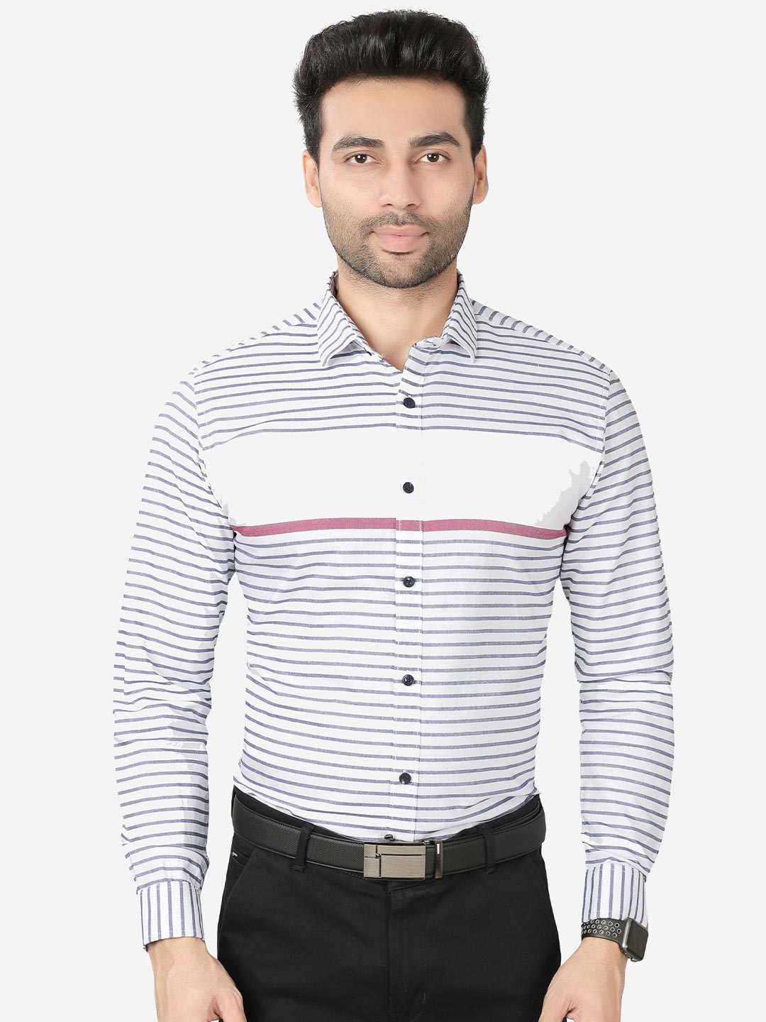 

5TH ANFOLD Men White Slim Fit Horizontal Striped Formal Shirt