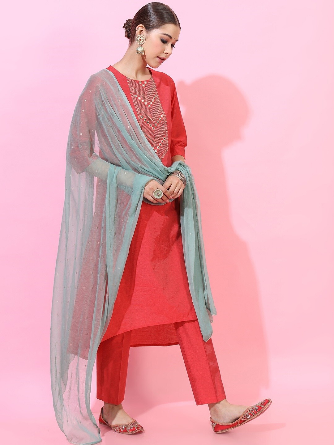 

Vishudh Women Red Yoke Design Empire Kurta with Trousers & With Dupatta