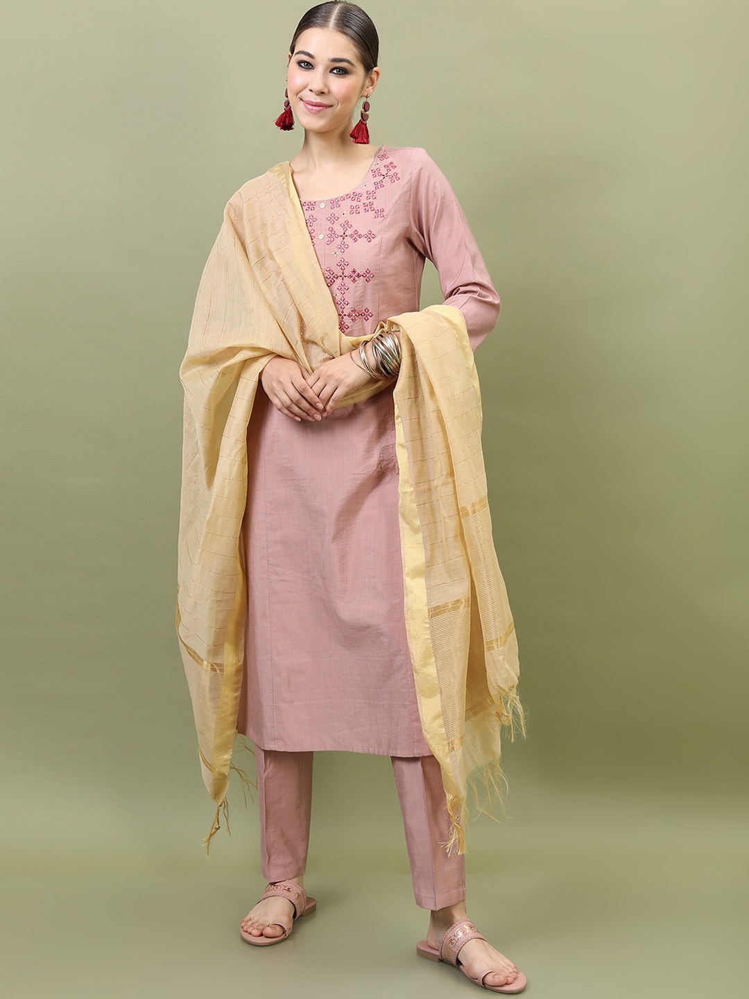 

Vishudh Women Pink Kurta with Trousers & With Dupatta