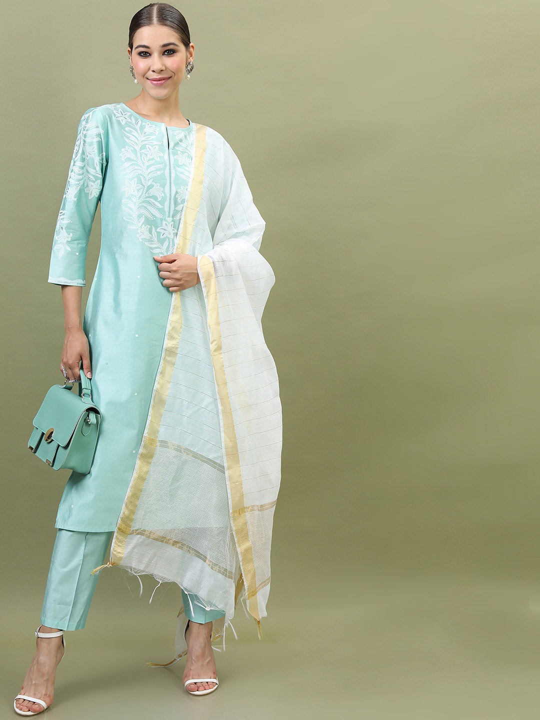 

Vishudh Women Blue Floral Yoke Design Kurta with Trousers & With Dupatta