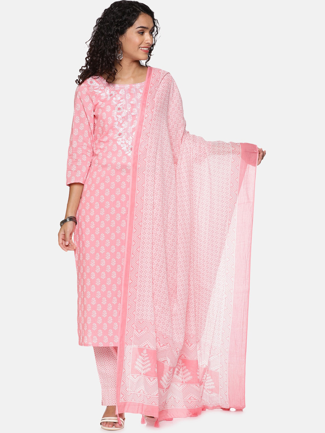

Palakh Women Pink Ethnic Motifs Printed Pure Cotton Kurta Set With Dupatta