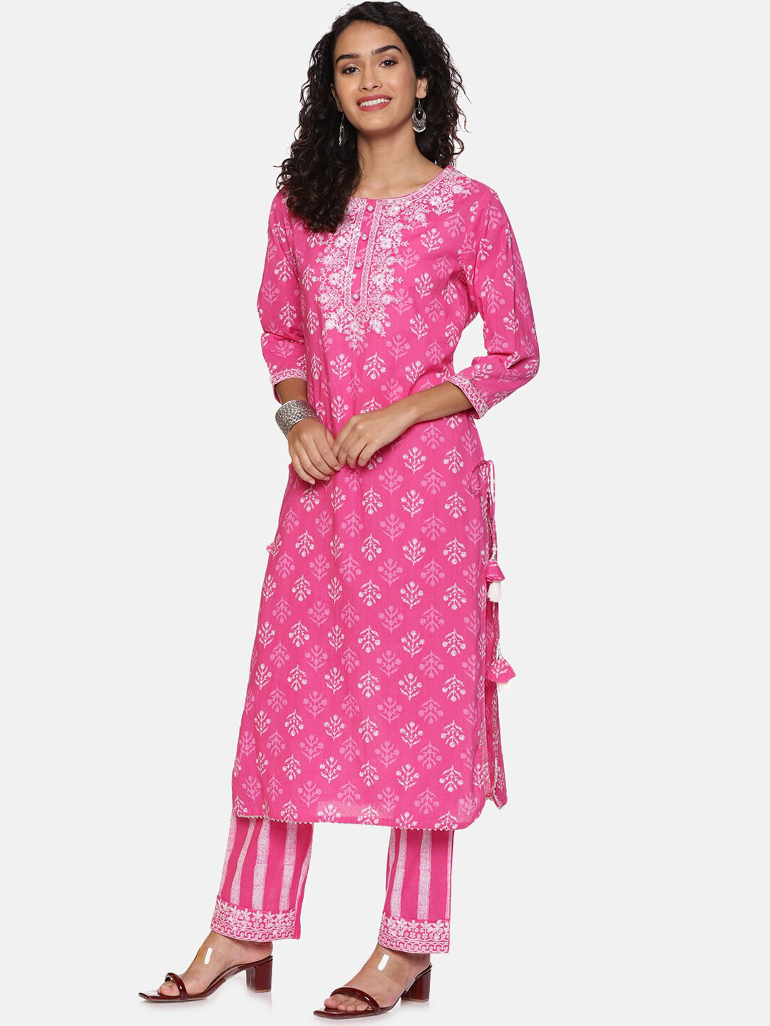 

Palakh Women's Pure Cotton & Embroidered Yoke Straight Printed Kurta Pant & Dupatta Set, Pink