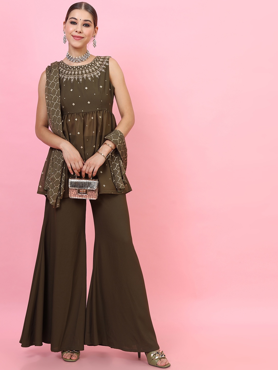 

Vishudh Women Olive Green Embroidered Pleated Kurti with Palazzos & With Dupatta