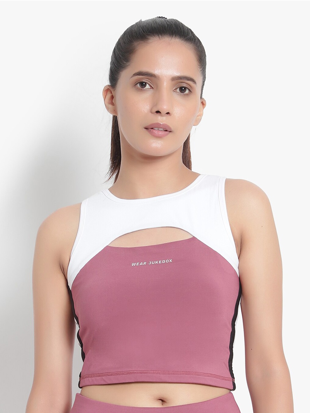 

Wearjukebox Women ink & White Colourblocked Sleeveless Handloom Crop Top, Pink