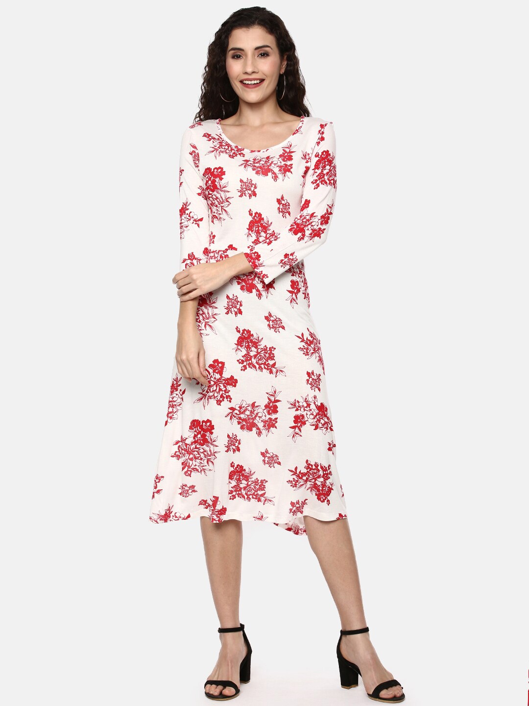 

YCANF Women White Floral Cotton Midi Dress