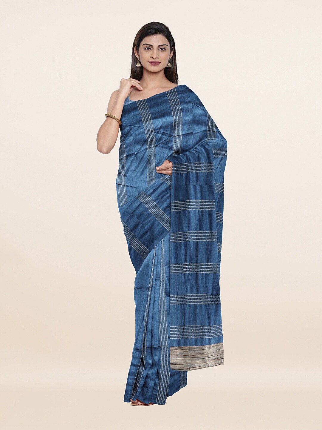 

Pothys Blue & Silver-Toned Woven Design Sequinned Saree