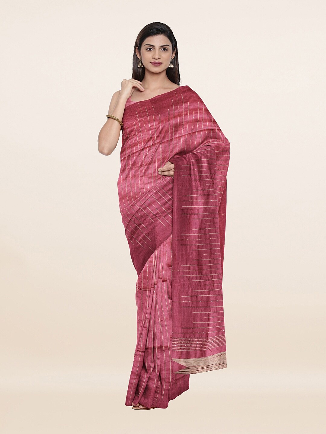 

Pothys Pink & Gold-Toned Striped Zari Saree