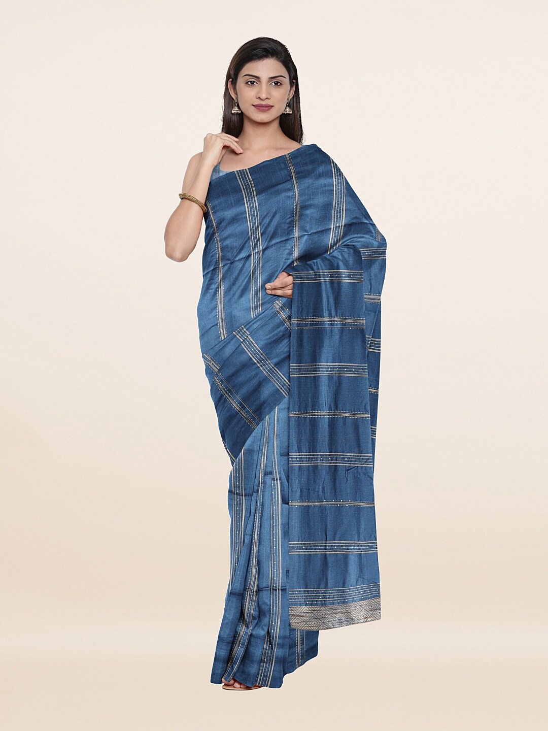 

Pothys Navy Blue & Silver-Toned Striped Sequinned Saree
