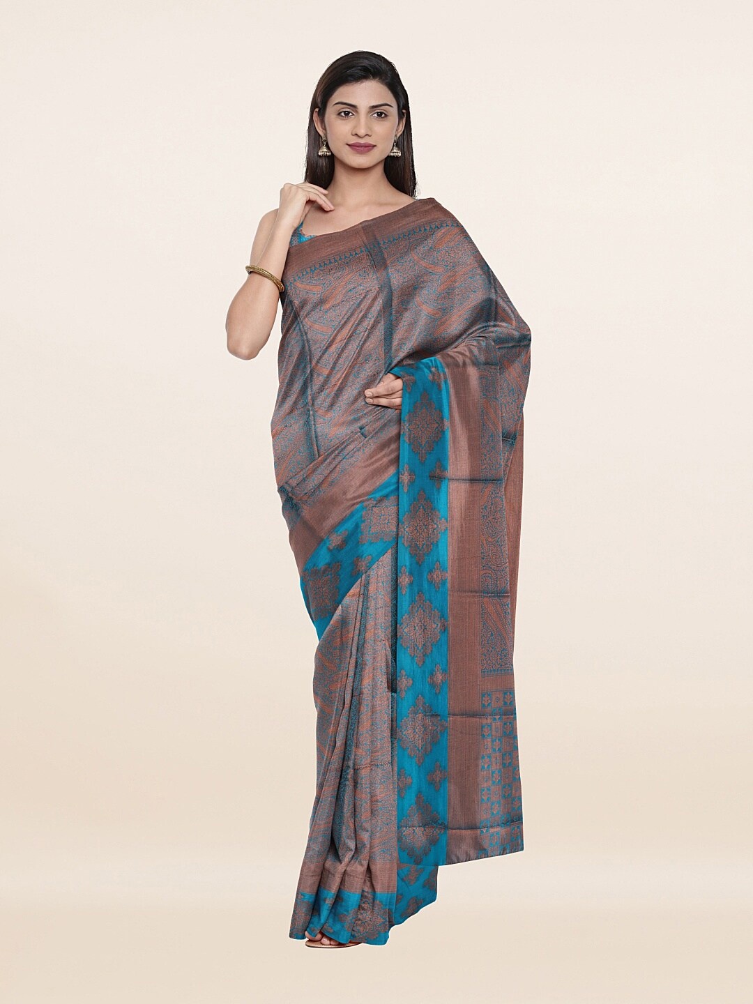 

Pothys Blue & Brown Floral Zari Art Silk Saree