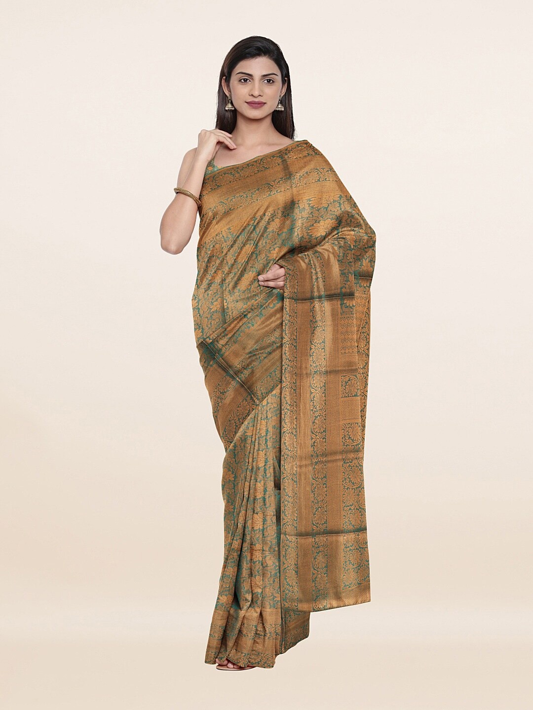 

Pothys Green & Gold-Toned Woven Design Art Silk Saree