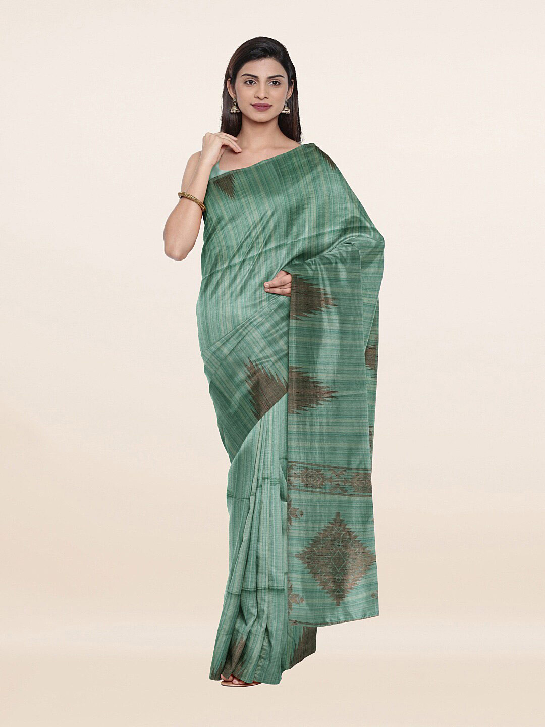

Pothys Green & Brown Striped Cotton Blend Saree