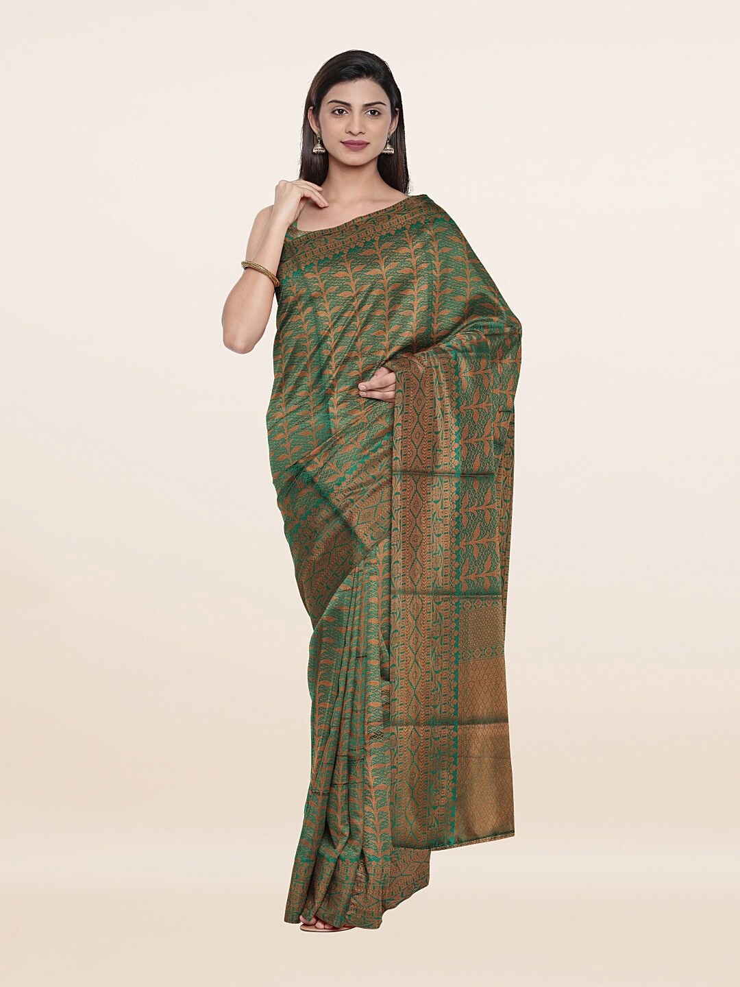 

Pothys Green & Gold-Toned Ethnic Motifs Art Silk Saree