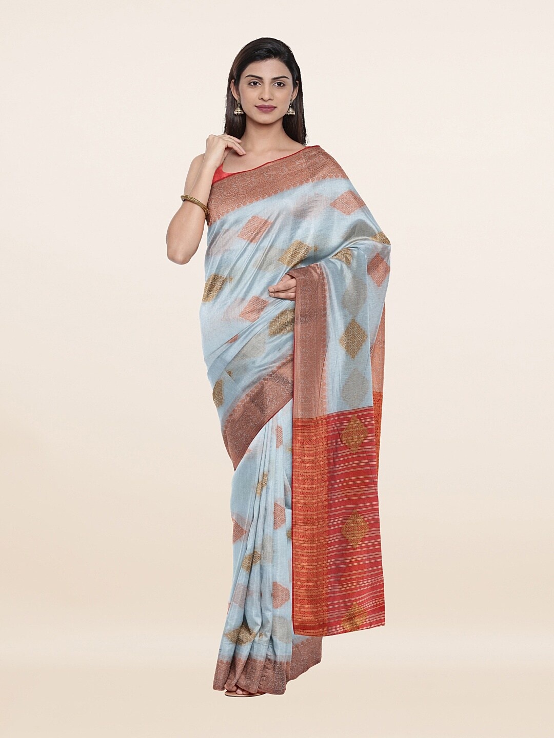 

Pothys Blue & Red Zari Geometric Saree