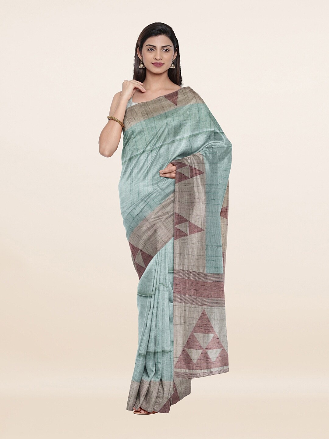 

Pothys Sea Green & Brown Printed Saree