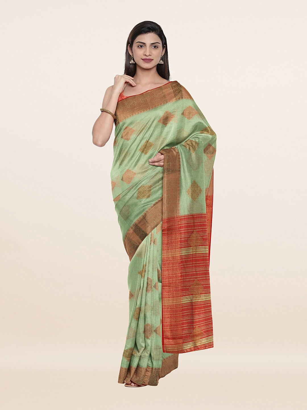 

Pothys Green & Gold-Toned Ethnic Motifs Zari Saree