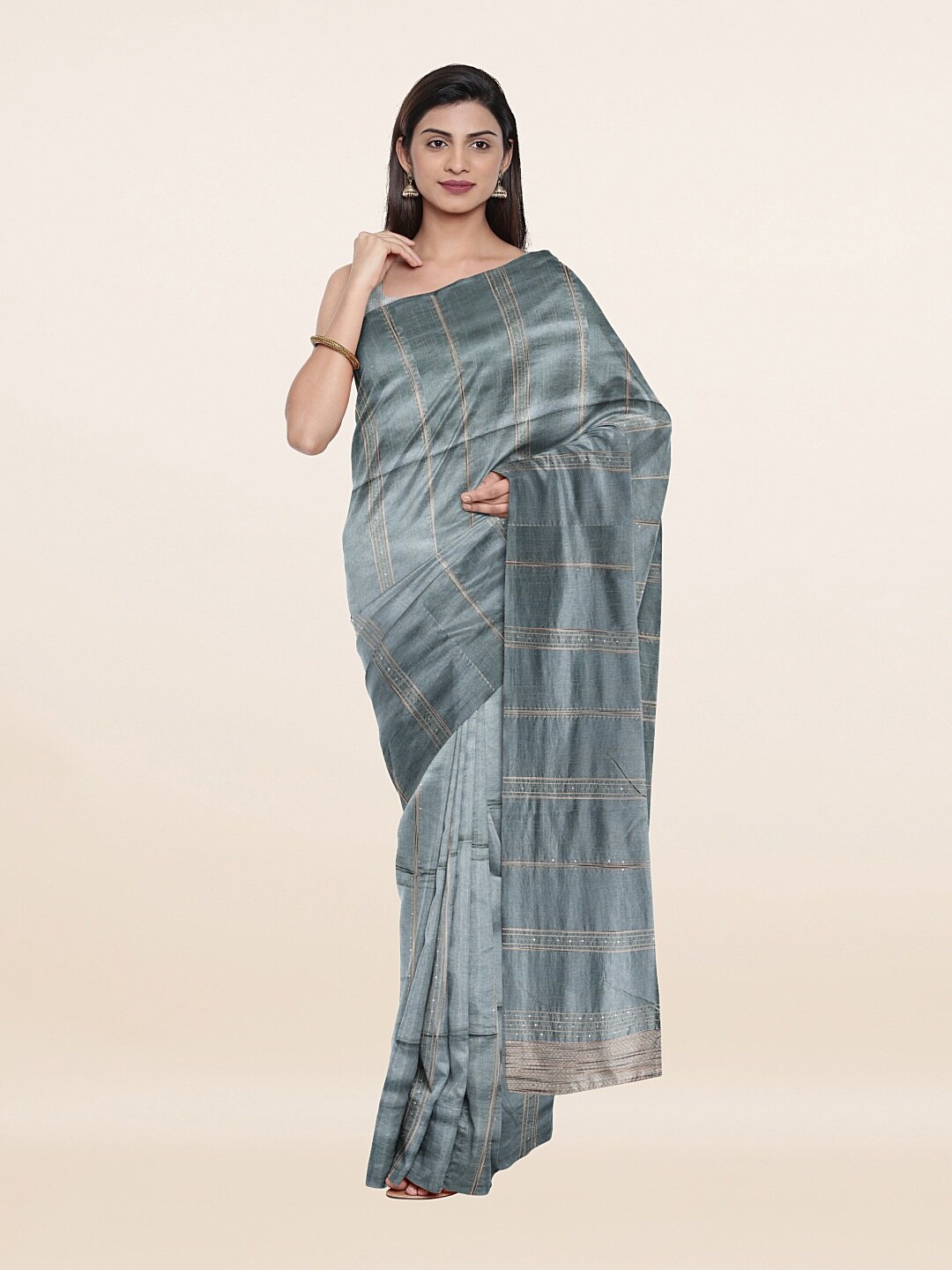 

Pothys Grey & Brown Striped Sequinned Saree