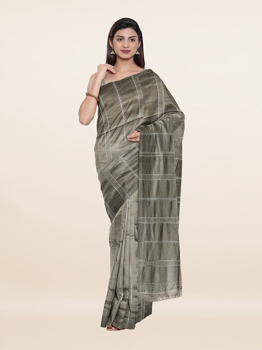 

Pothys Gunmetal-Toned Striped Sequinned Saree, Metallic