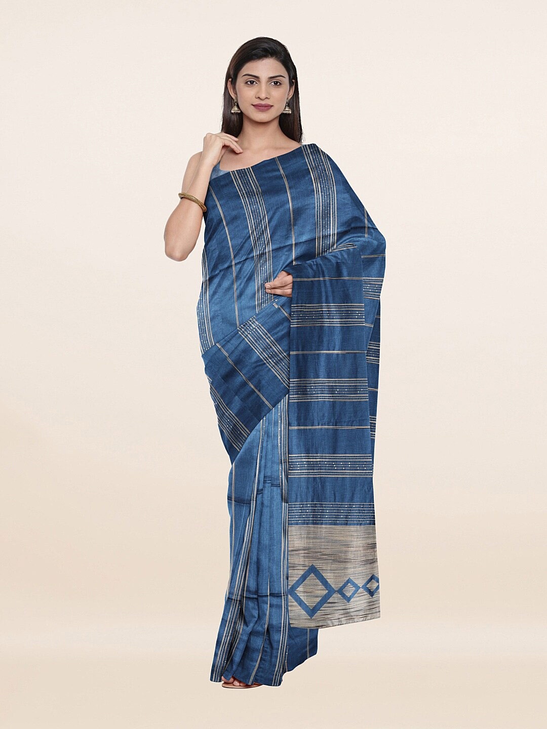 

Pothys Blue & Silver-Toned Sequinned Striped Saree
