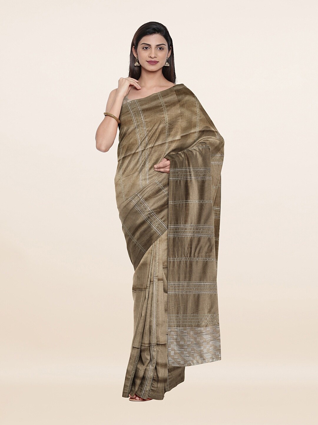 

Pothys Olive Green & Silver-Toned Woven Design Saree