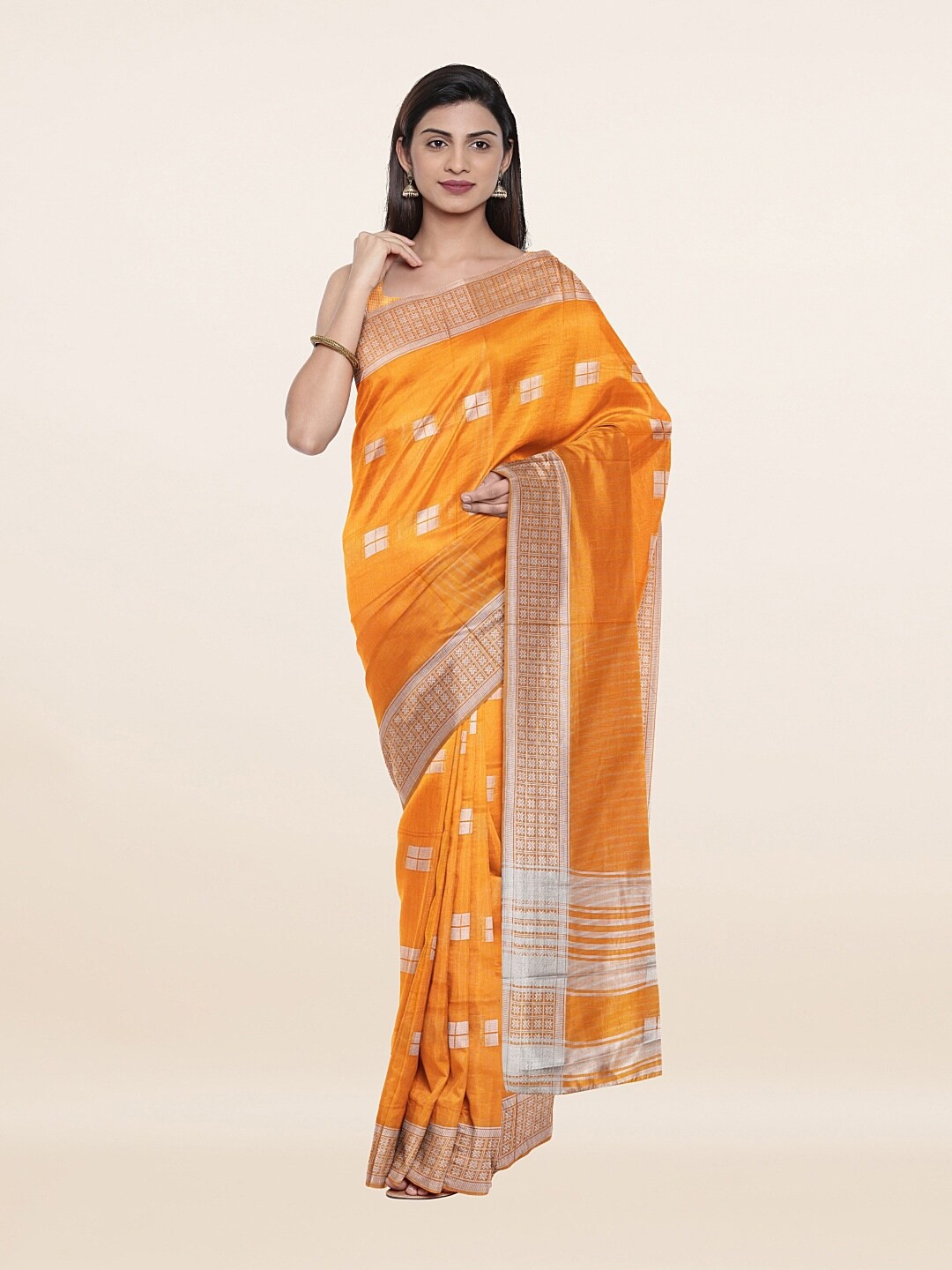 

Pothys Orange & Silver-Toned Zari Geometric Saree