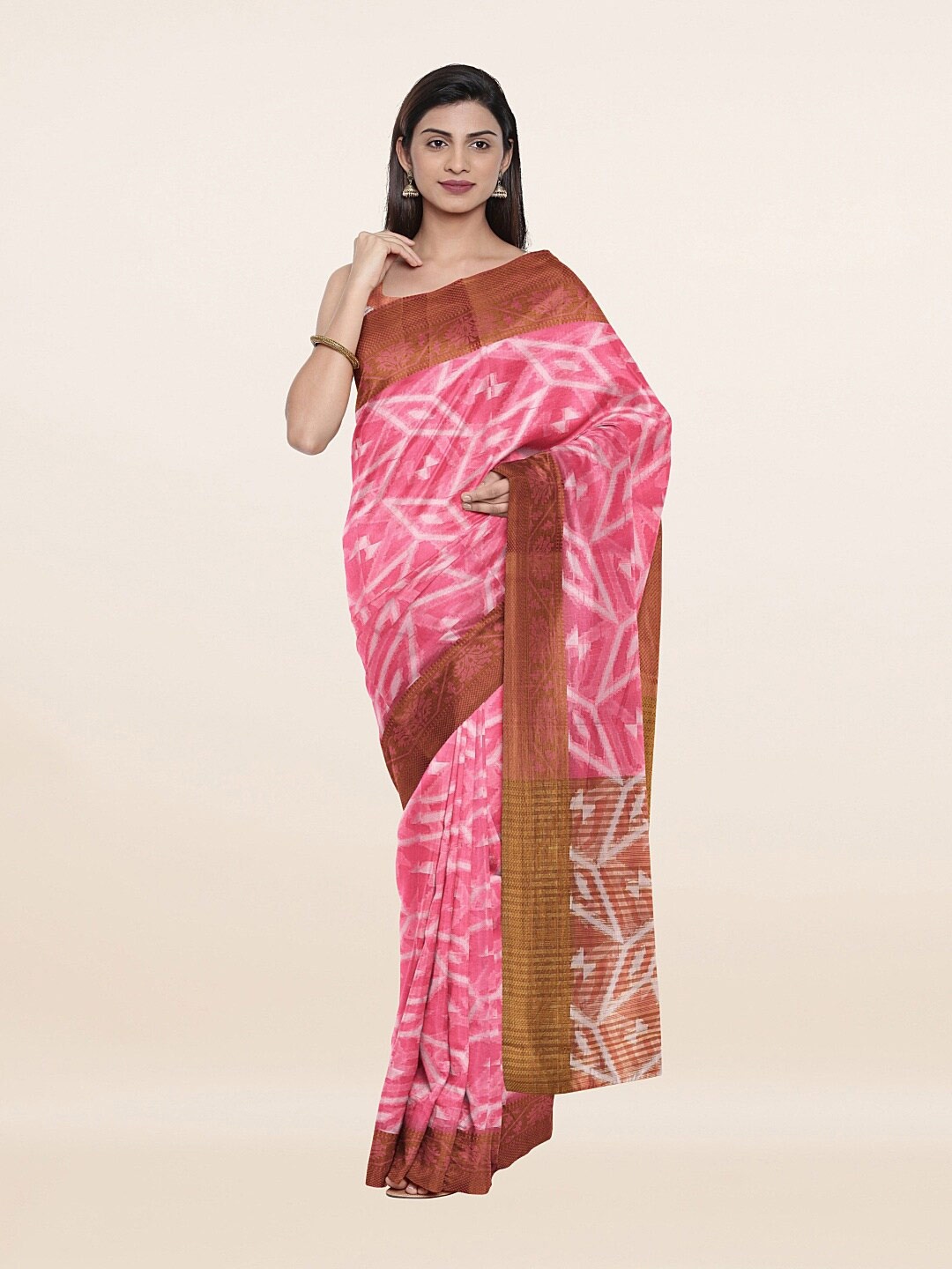 

Pothys Pink & Brown Zari Geometric Saree