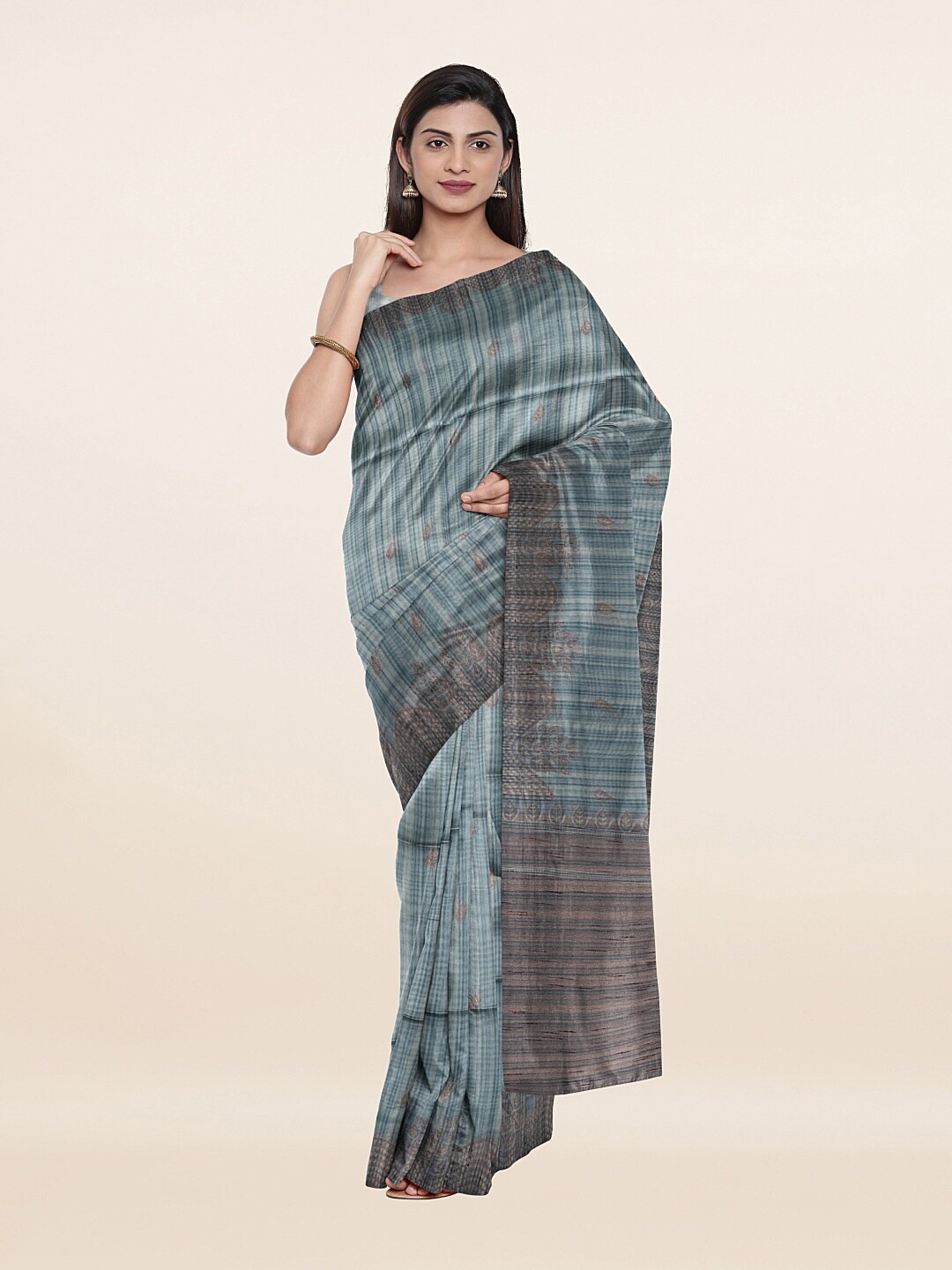 

Pothys Grey & Red Ethnic Motifs Zari Saree