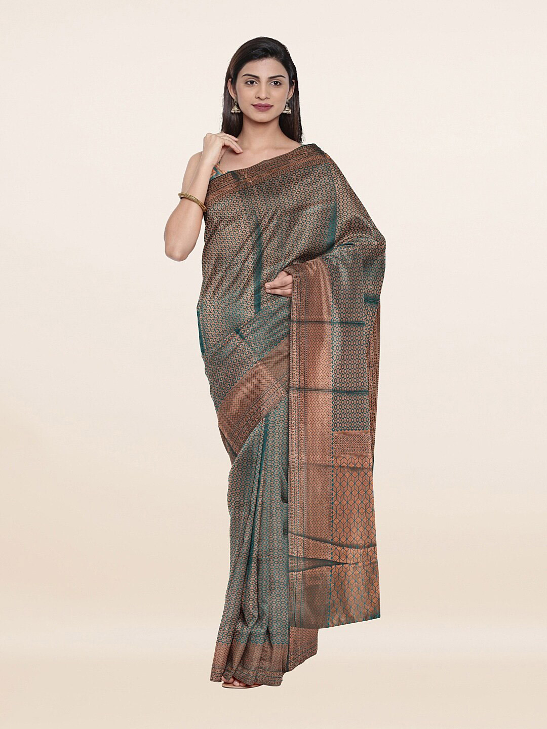 

Pothys Women Green & Gold-Toned Woven Design Zari Art Silk Saree